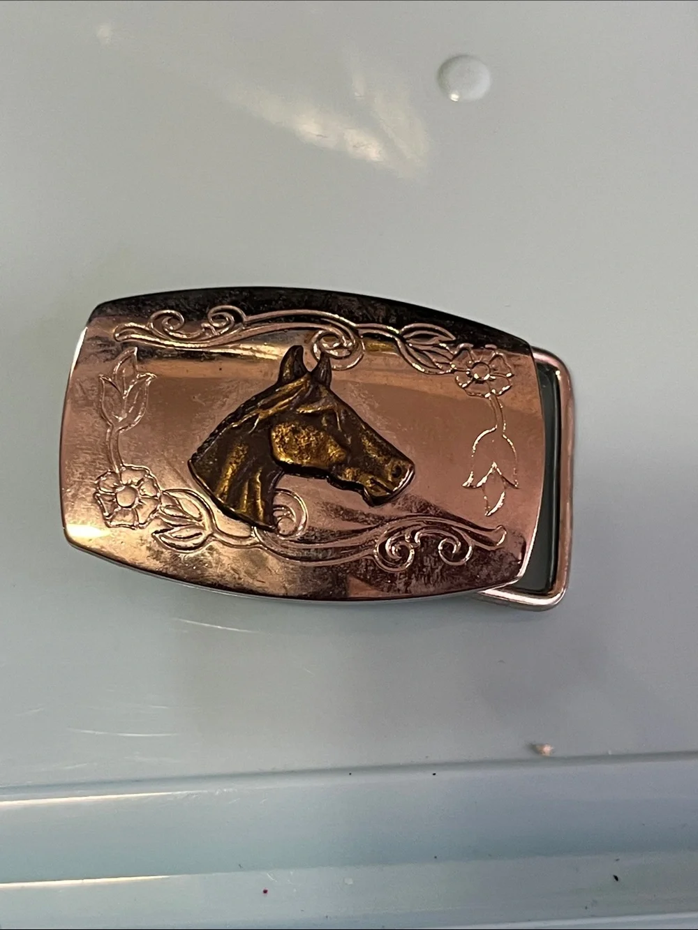 Vintage Rose Gold Belt Buckle with Brass Horse Head